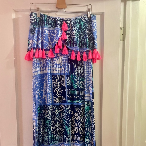 Lilly Pulitzer Meridian Deep Indigo Back Flounce Tassel Strapless Midi Dress L - Picture 5 of 8